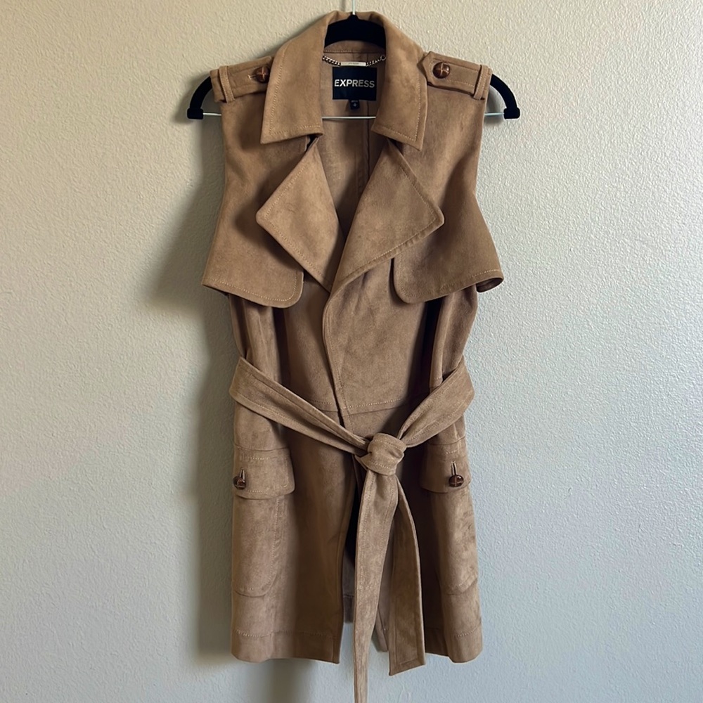 Express tan suede sleeveless trench coat